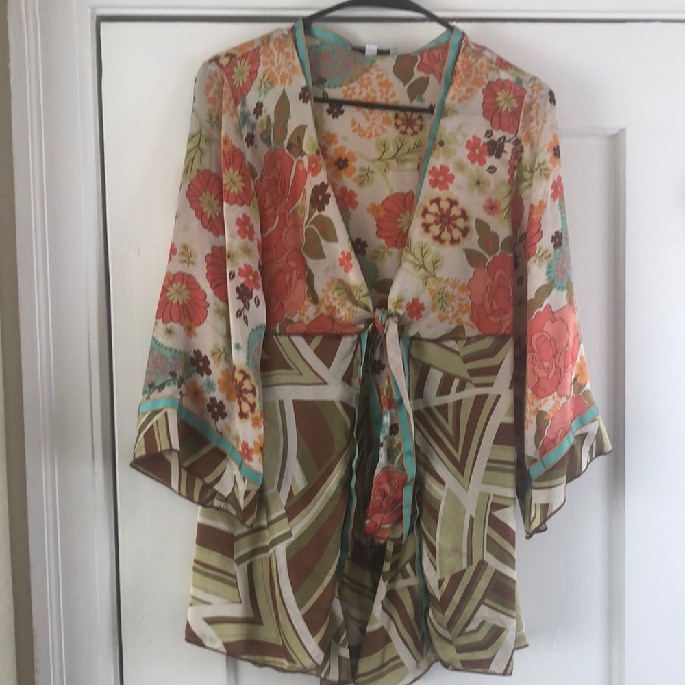 Cabi silk kimono style tunic tie front top